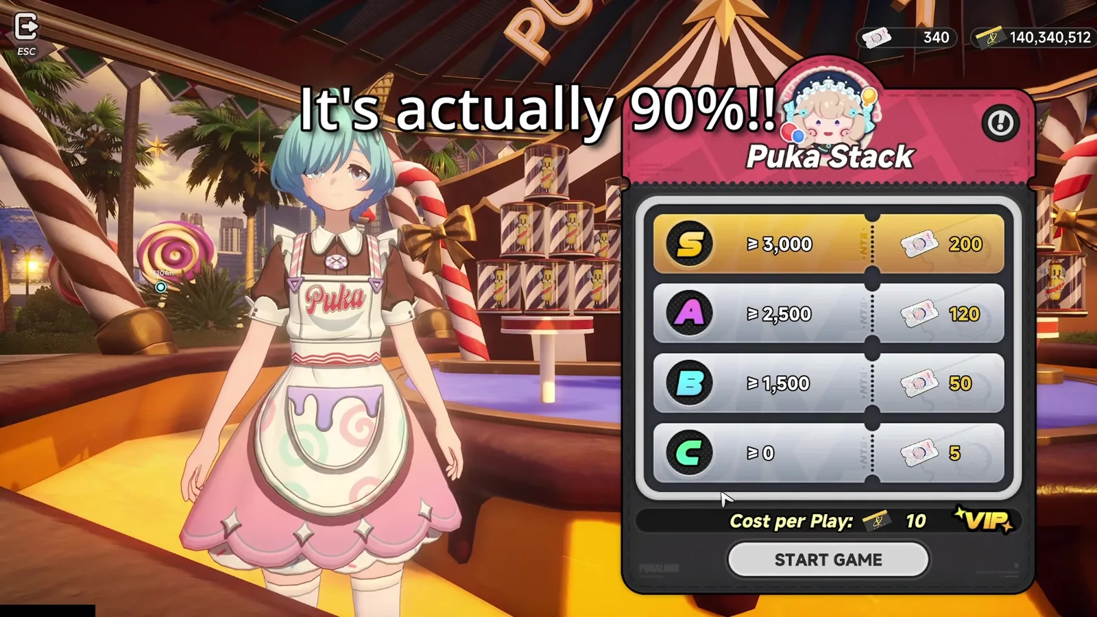 Puka Stack attraction panel in NTE Pukaland with the VIP badge and a cost per play of 10 Fons, S rank at 3,000 points paying 200 Puka Stars
