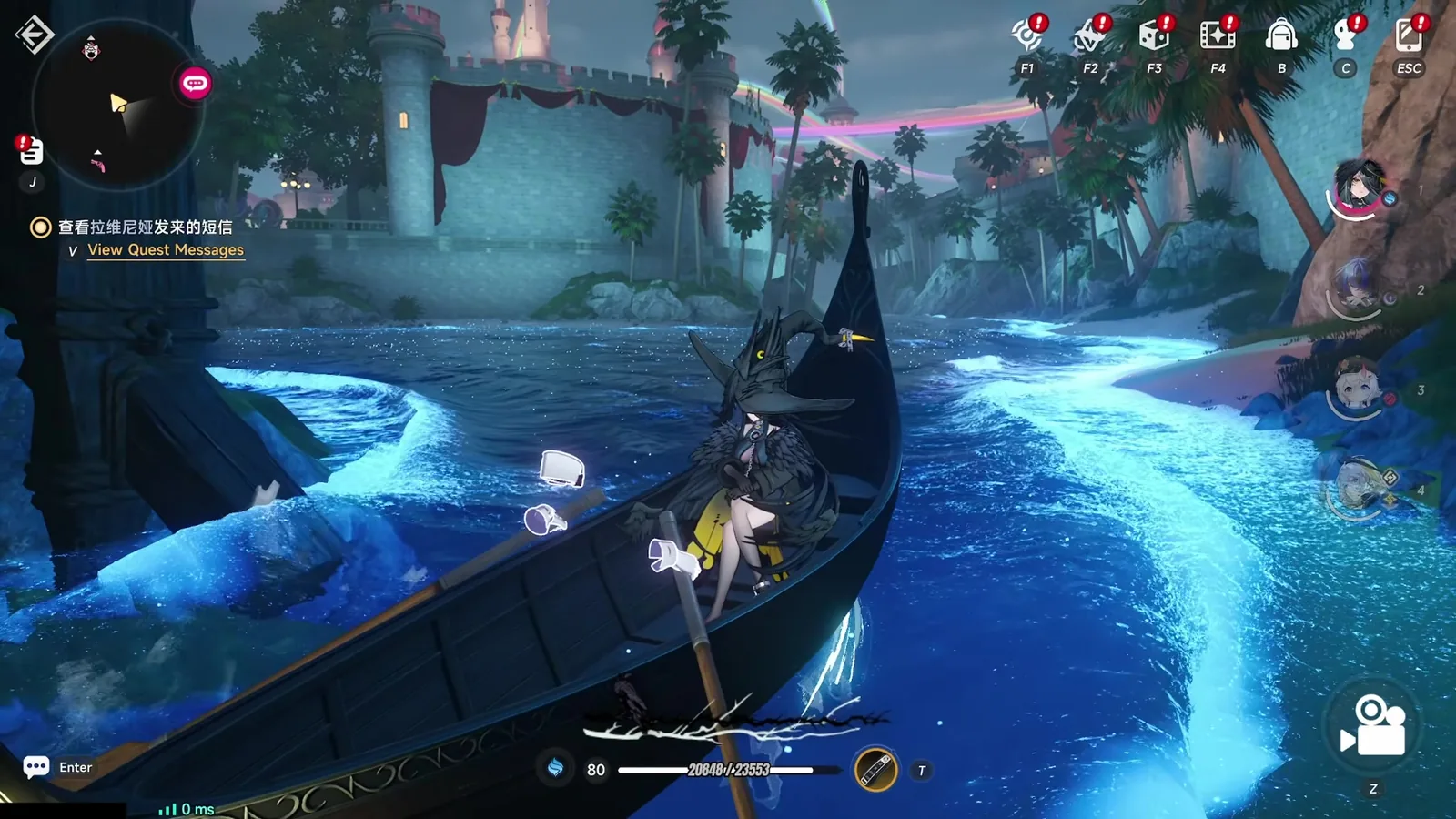Blackbird rowing the Row to Tomorrow! boat along a glowing shoreline in NTE, the wooden gondola summoned from its key fob