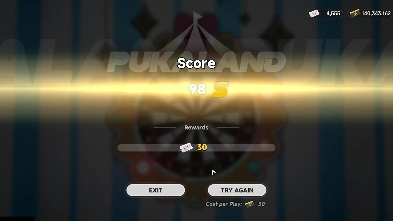 Star-Struck darts result screen in NTE Pukaland: score 98, rank S, reward 30 Puka Stars, 50 Fons per play