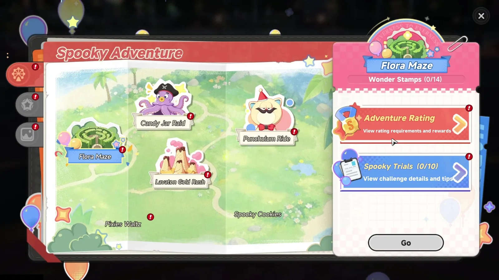 Pukaland Travelogue Spooky Adventure map in NTE listing Flora Maze, Candy Jar Raid, Punchulum Ride, Lavaton Gold Rush and 14 Wonder Stamps