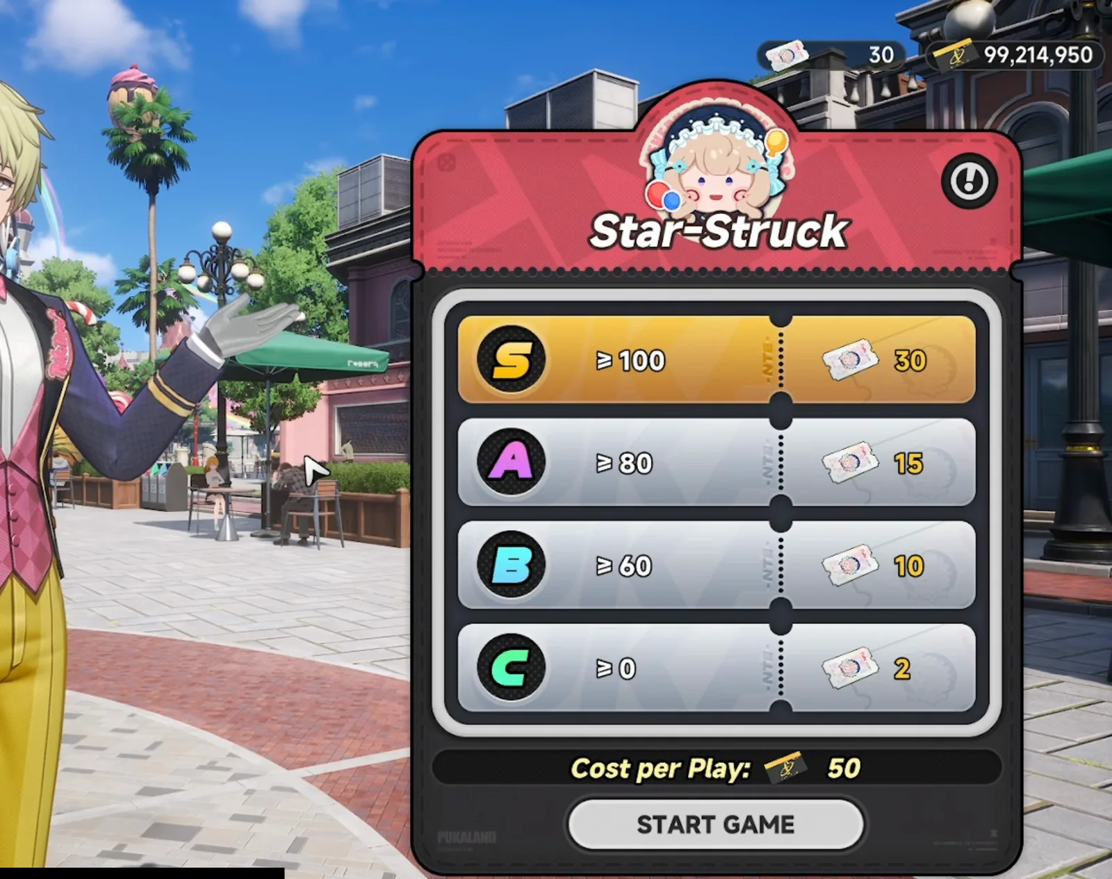Le barème du jeu de fléchettes de Pukaland dans NTE : 30 Étoiles Puka au-delà de 100 points, 50 Fons la partie